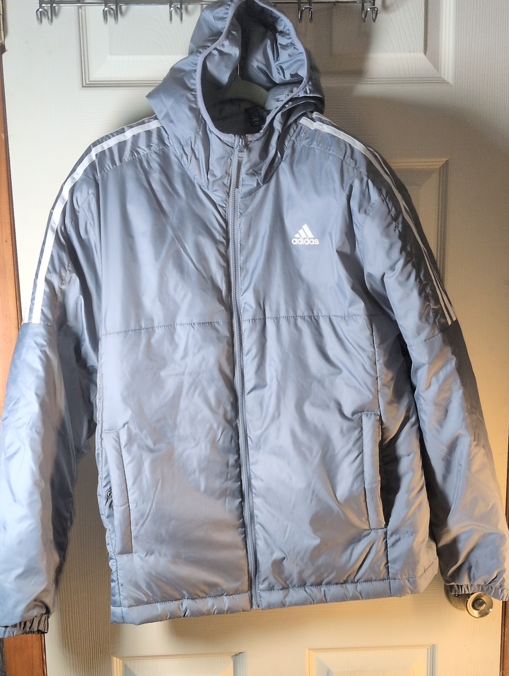 adidas Men's Hooded Puffer Jacket in Light Gray with White Stripes